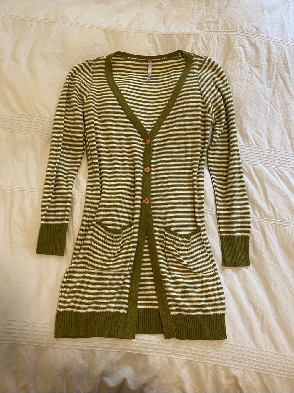 Y2K Striped Olive Green and Cream Long Cardigan Sweater